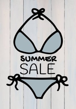 Yaz satış metin ve mavi bikini Beyaz ahşap panel karşı