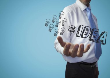 Gri fikir bölümle iş adam elinde mavi arka planı doodles