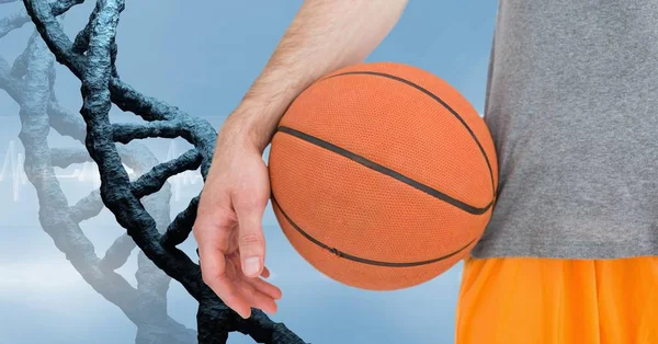 Basketbalspeler met stenen dna ketting met een blauwe achtergrond — Stockfoto