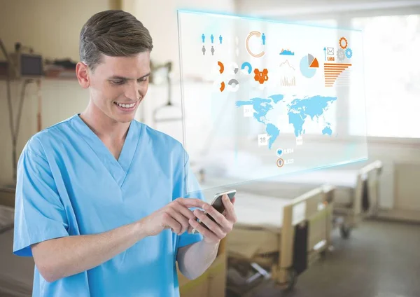 Doktor na mobilní telefon s rozhraním v nemocničním pokoji — Stock fotografie