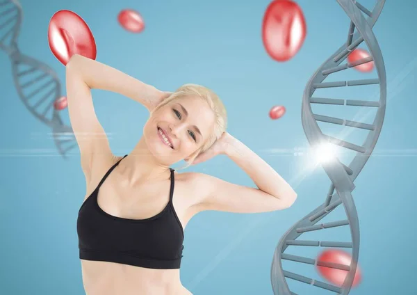 Happy sporty woman with her hand on the head with dna chain and blue background — Stock Photo, Image