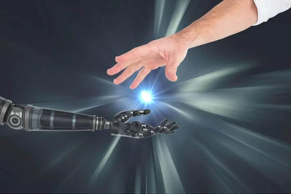 Conexión entre la mano humana y el robot sobre fondo plateado — Foto de Stock
