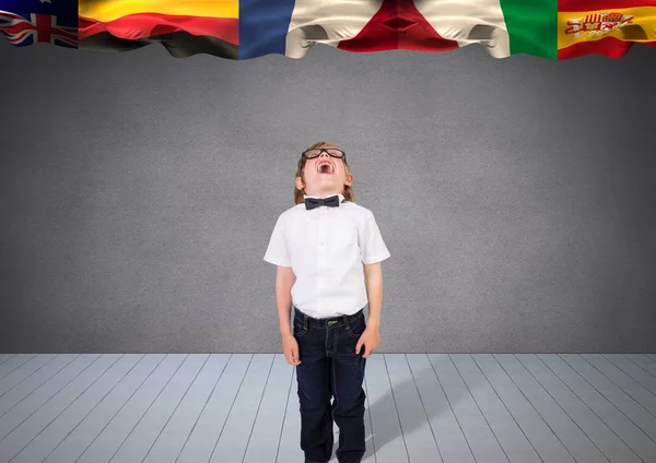 Main language flags over a boy. — Stock Photo, Image