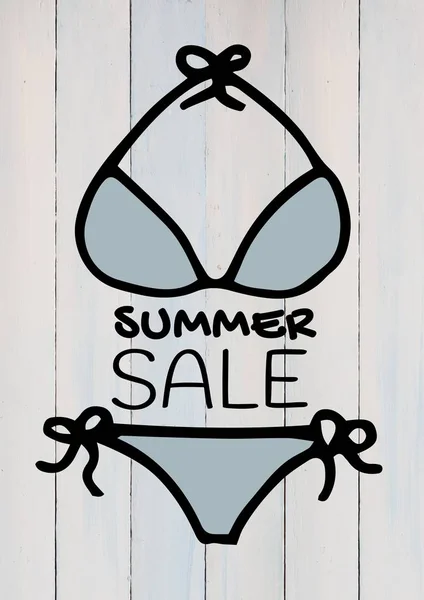 Lato sprzedaż tekst i niebieskie bikini przeciwko biały panel drewna — Zdjęcie stockowe