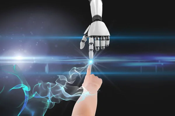 Humano y robot tocando sus dedos contra fondo negro — Foto de Stock