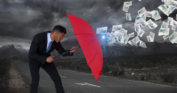 Digital bild av affärsmannen defencing dokument med rött paraply stående på väg mot cl — Stockfoto
