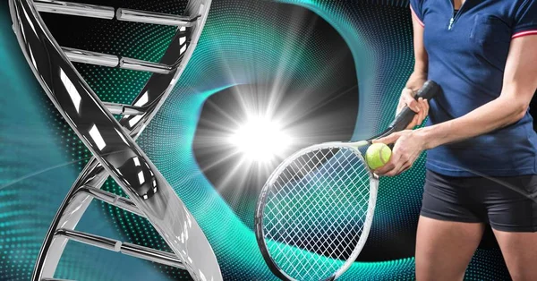 Jogador de tênis com cadeia de DNA de ferro contra um fundo de luzes preto e azul — Fotografia de Stock