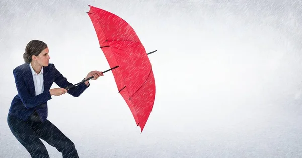 Affärskvinna med paraply blockerar regn mot vit bakgrund — Stockfoto