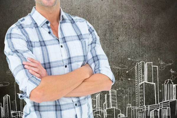 Uomo d'affari con le braccia incrociate è in piedi su sfondo disegno paesaggio urbano — Foto Stock