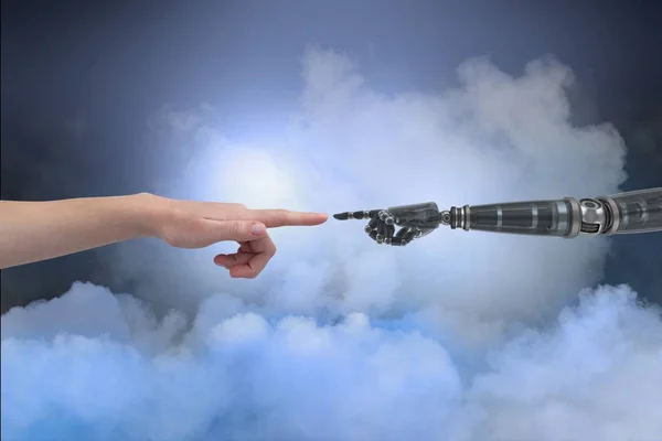 Humano y robot tocando sus dedos en un fondo nublado — Foto de Stock