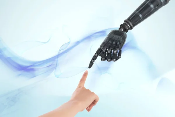 Omul și robotul își ating degetele în fundal albastru — Fotografie, imagine de stoc