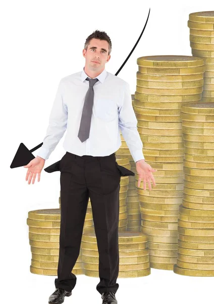 Sad businessman with empty pocket with money with down arrow background — Stock Photo, Image