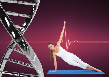 kadının demir dna zinciri ve pembe arka plan ile germe yapması