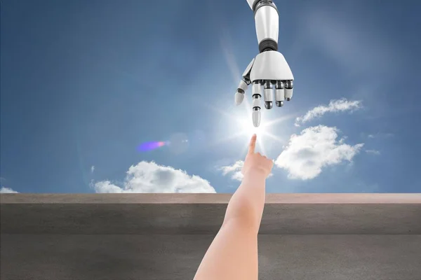 Manos humanas tocando mano robot en fondo azul cielo — Foto de Stock