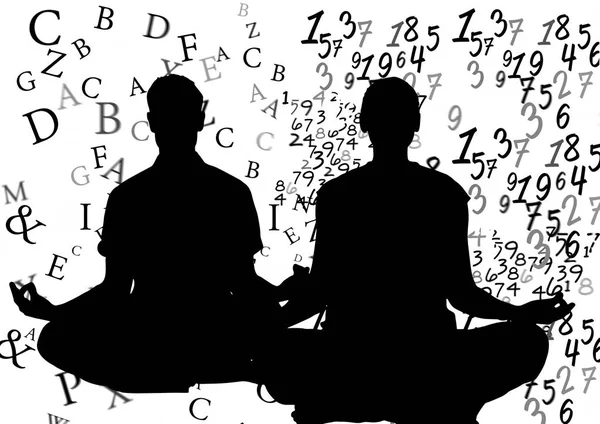 Silhouettes doing yoga: 1 with text around him, 1 with numbers around her. — Stock Photo, Image