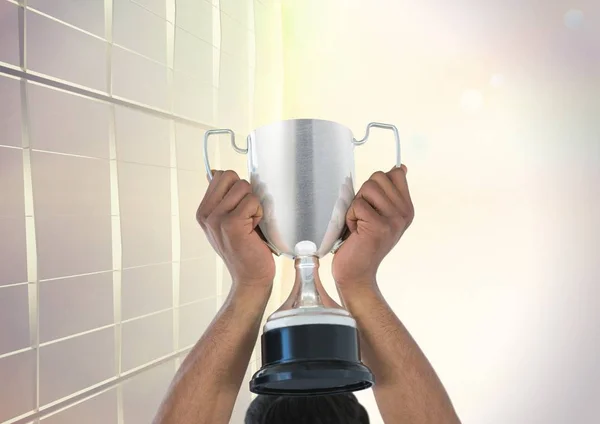 Cropped hands holding trophy against wall