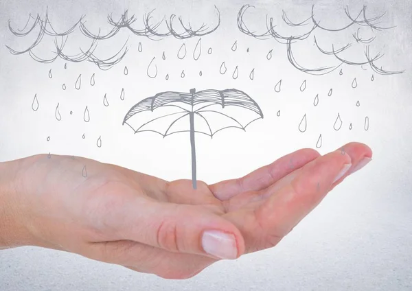 Hand med grå regn doodle mot vit vägg — Stockfoto