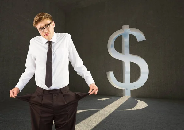 Jungunternehmer mit leeren Taschen im Dollarzimmer — Stockfoto