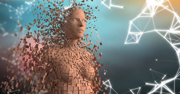 White network and orange female AI against blurry blue and red background