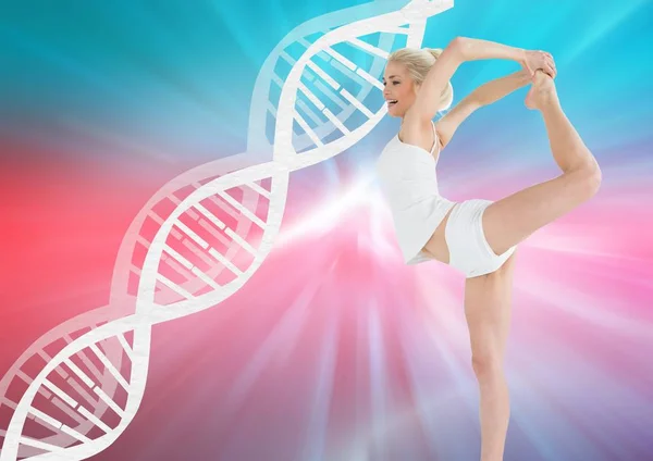 Woman dancing with white dna chain and colors background — Stock Photo, Image
