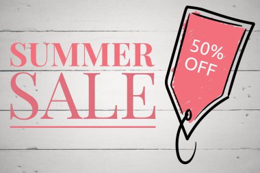 Pembe yaz satış metin ve pembe etiket karşı Beyaz ahşap panel doodle