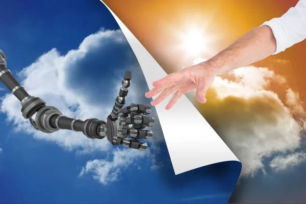 Humano y robot tocando sus manos entre el cielo azul y el atardecer —  Fotos de Stock