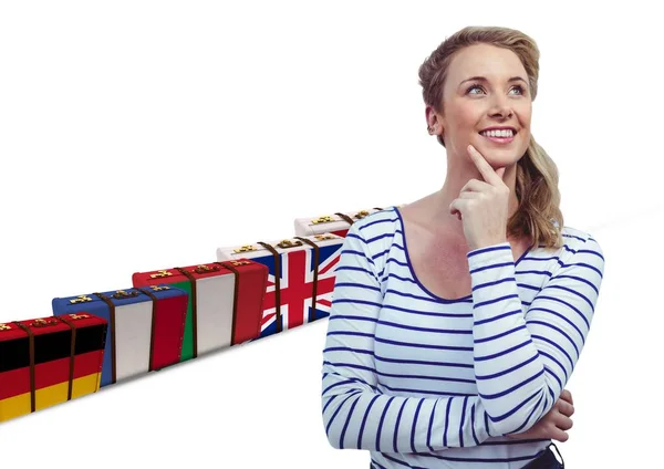 Belangrijkste taal vlag koffers behin gelukkige jonge vrouw denken — Stockfoto
