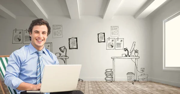 Retrato del hombre de negocios sonriente usando el ordenador portátil contra el dibujo de la oficina —  Fotos de Stock