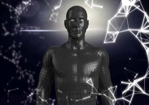 Біла мережа та чорний чоловічий штучний інтелект на тлі темного фону та полум'я — стокове фото