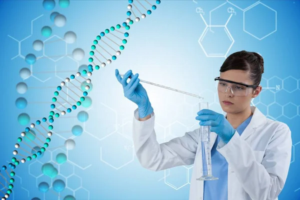Женщина-врач работает с графикой ДНК на заднем плане — стоковое фото