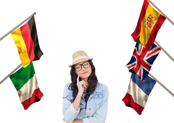 Fő nyelv flags, ezen a környéken: fiatal nő kalapban — Stock Fotó