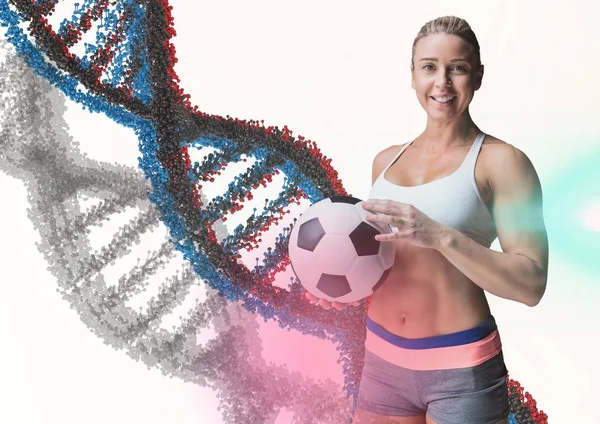 白い背景といくつかのフレアの青、灰色と赤の dna 鎖とサッカー ボールを持つ女性 — ストック写真
