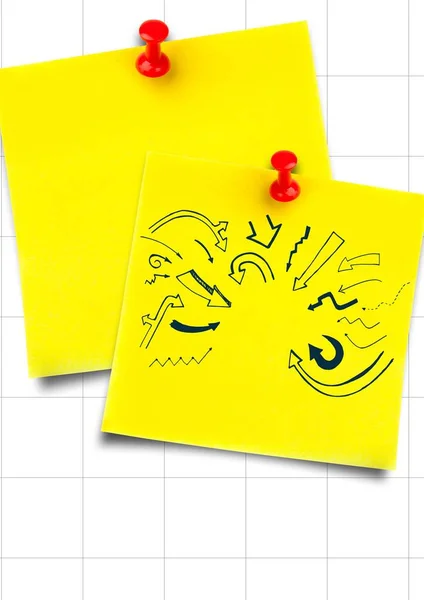 Gele kleverige nota's met blauwe pijl doodles tegen witte grafiek papier — Stockfoto