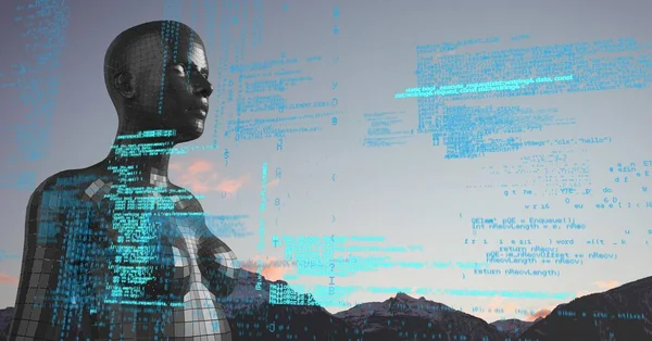 Siyah kadın AI ve dağ başında ve gökyüzü mavi kod — Stok fotoğraf