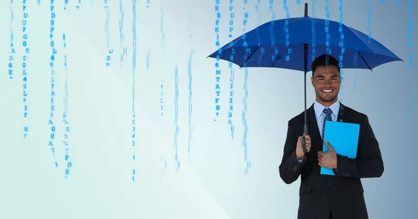 Homem de negócios com guarda-chuva e livro azul contra fundo azul e código azul — Fotografia de Stock