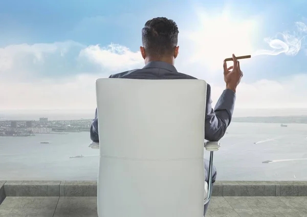 Hátulnézet üzletember dohányzás szivar, miközben keresi a tengeren — Stock Fotó