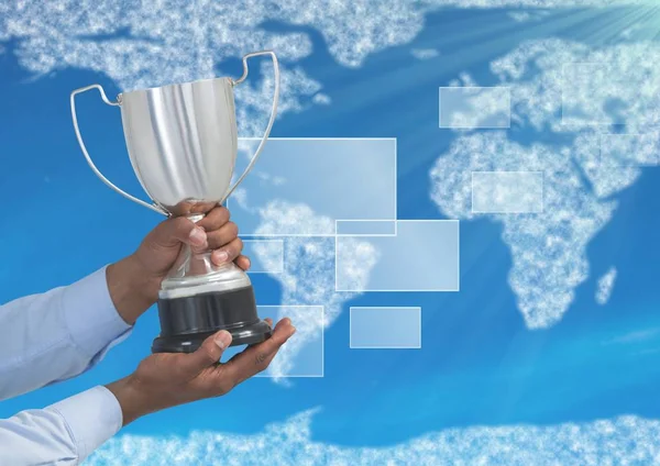 Digitální podoba pálivých papriček trophy proti mapa světa — Stock fotografie