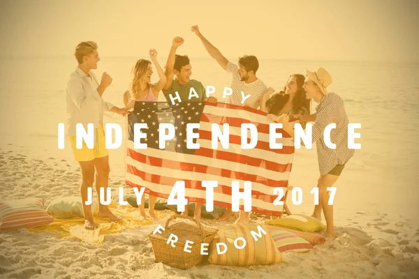 Happy 4th of july text against friends at beach — Stok Foto