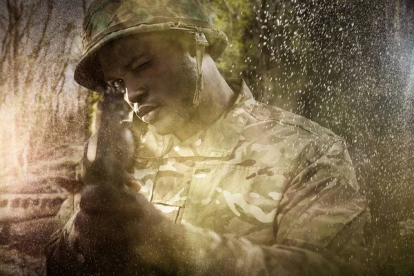 Close up of soldier aiming with rifle — Stock Photo, Image