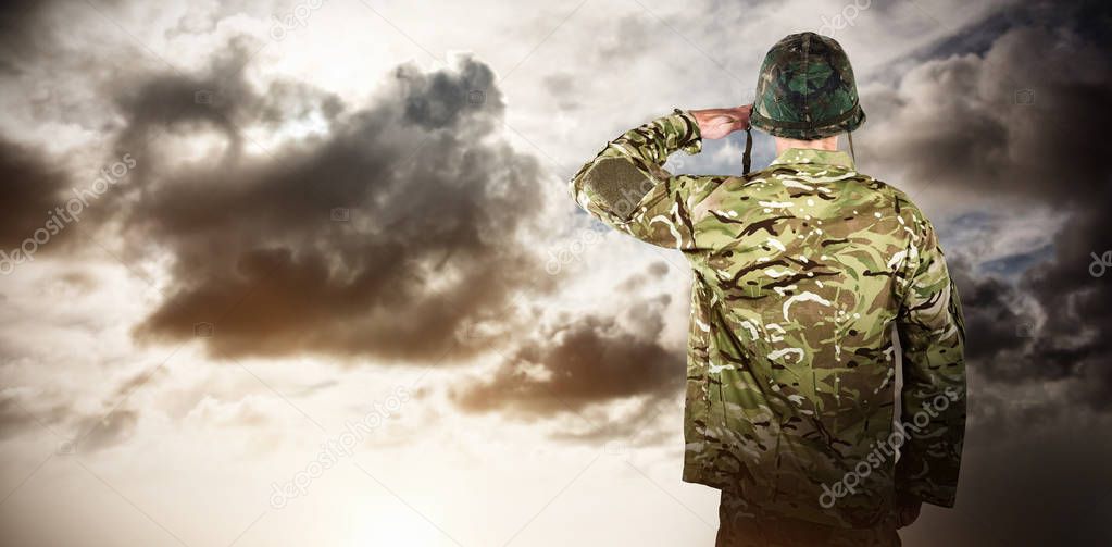 rear view of military soldier saluting