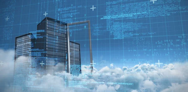 Blaue Daten und Matrix gegen Wolken — Stockfoto