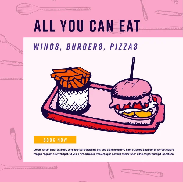 Greeting card with burger and all you can eat text — Stock Vector