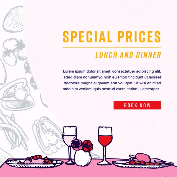 Cartão de saudação com mesa de jantar e preços especiais texto — Vetor de Stock