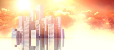 Parlak turuncu güneşin doğal görünümü karşı dijital şehir