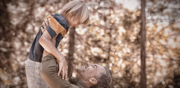 Playful father lifting up son in forest — Stock Photo, Image