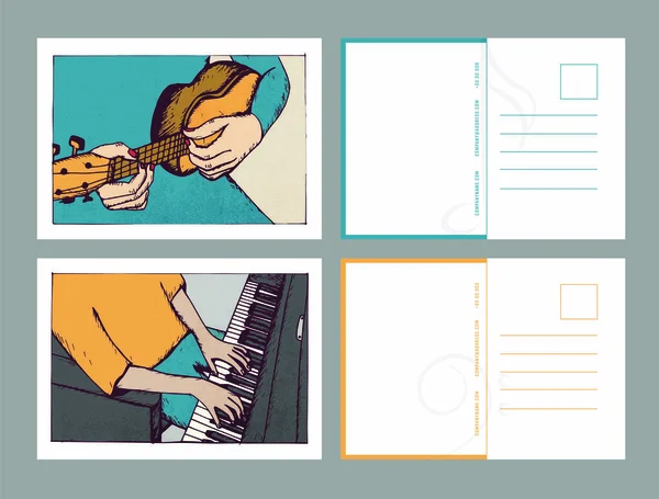 Carte postale et artiste jouant des instruments de musique — Image vectorielle