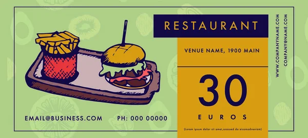 Tarjeta de felicitación con hamburguesa y texto del restaurante — Archivo Imágenes Vectoriales