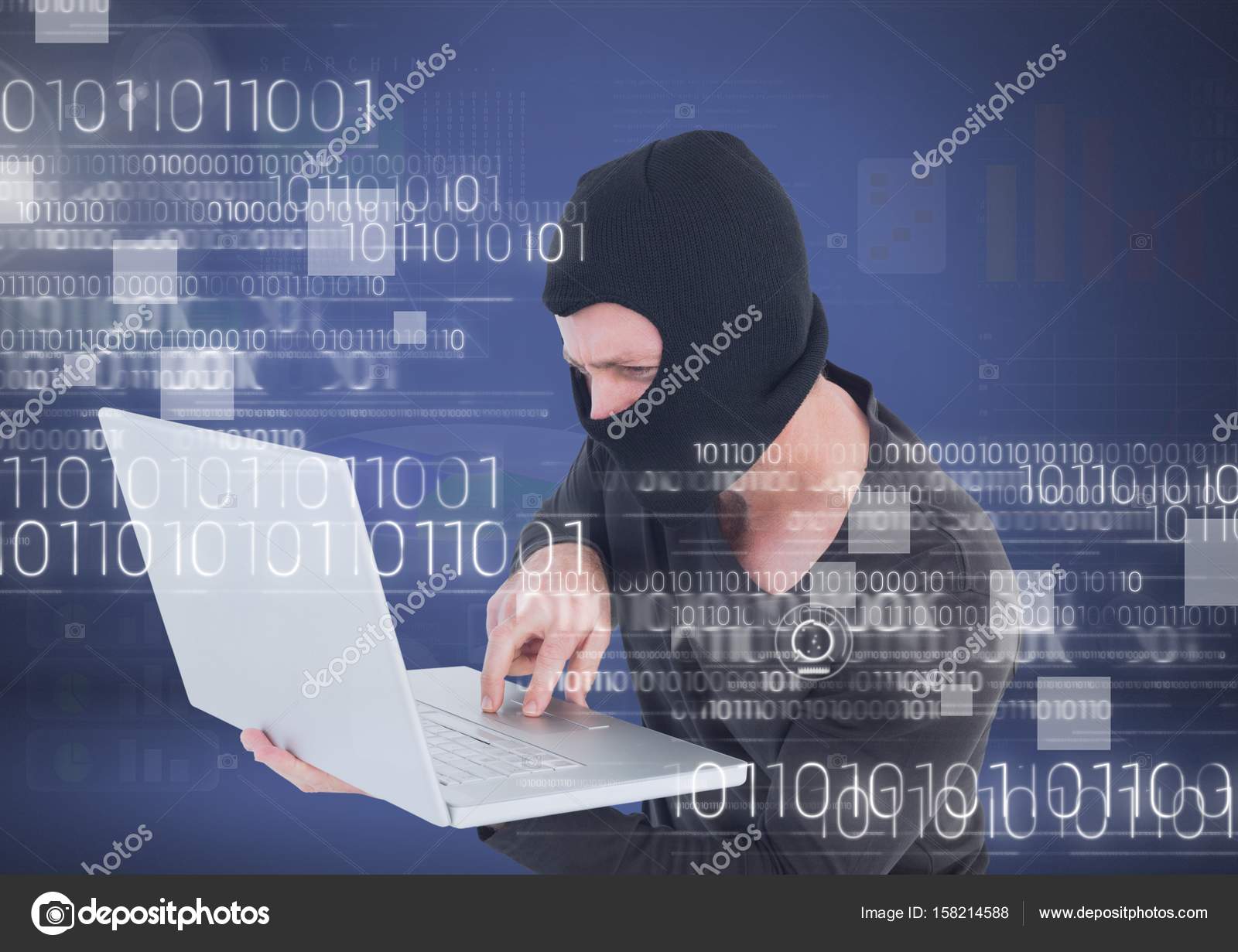 Hacker mit Kapuze mit einem laptop — Stockfoto © vectorfusionart Digitalen Verbund von Hacker mit Kapuze mit einem Laptop vor blauem Hintergrund 3d — Foto von vectorfusionart