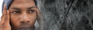 Close up of frustrated man and grey grunge copy space  transition clipart