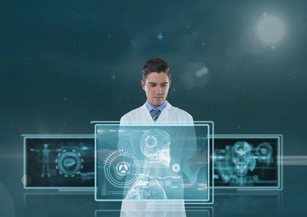 Hombre médico interactuando con interfaces médicas 3d contra fondo azul con bengalas — Foto de Stock
